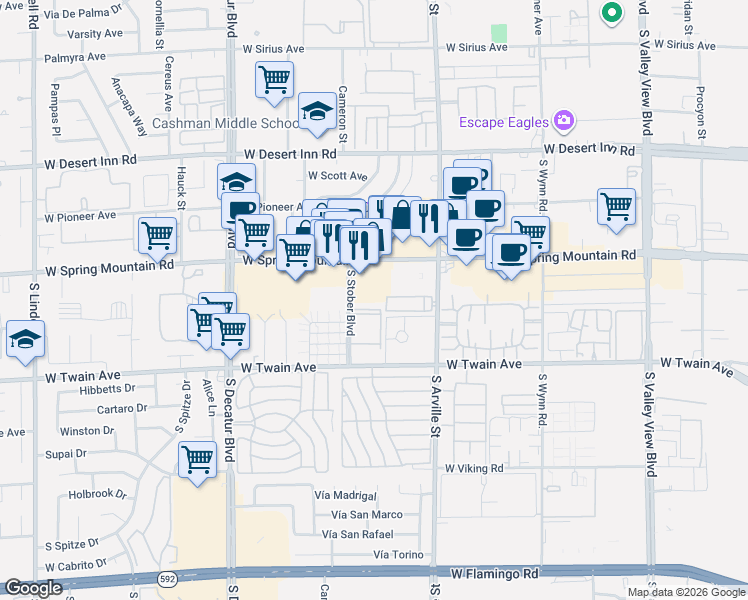 map of restaurants, bars, coffee shops, grocery stores, and more near 3650 South Stober Boulevard in Las Vegas