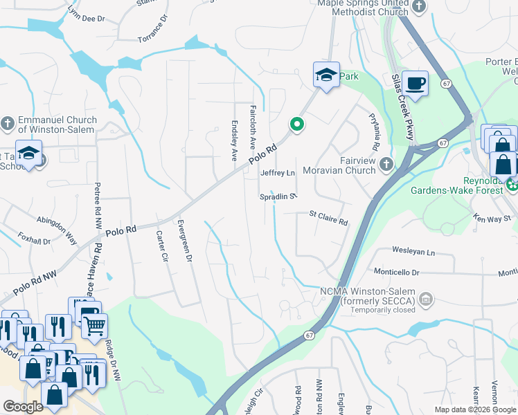 map of restaurants, bars, coffee shops, grocery stores, and more near 205 Merrimont Drive Northwest in Winston-Salem