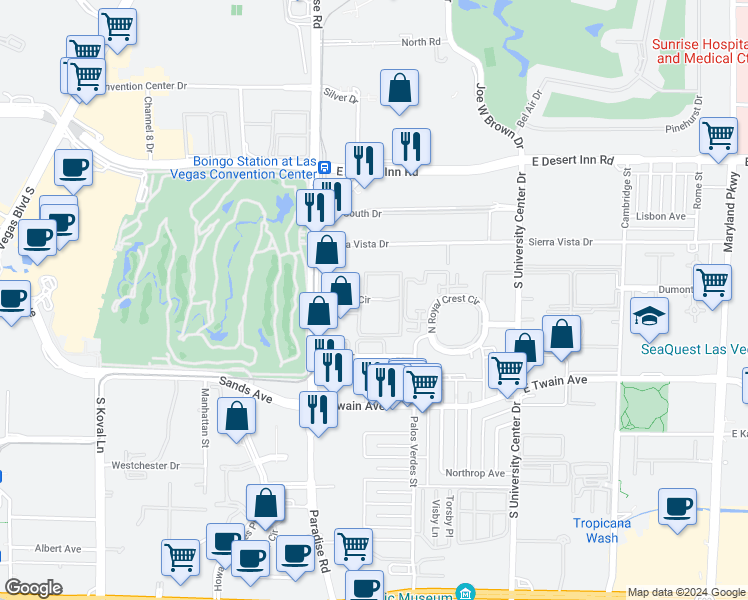 map of restaurants, bars, coffee shops, grocery stores, and more near 3550 Paradise Road in Las Vegas