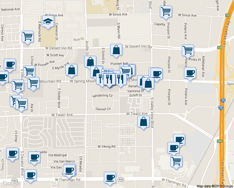 map of restaurants, bars, coffee shops, grocery stores, and more near 4151 Sanderling Circle in Las Vegas