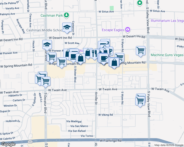 map of restaurants, bars, coffee shops, grocery stores, and more near 3597 Arville Street in Las Vegas