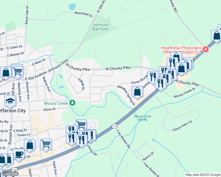 map of restaurants, bars, coffee shops, grocery stores, and more near 1615 Meadow Spring Drive in Jefferson City