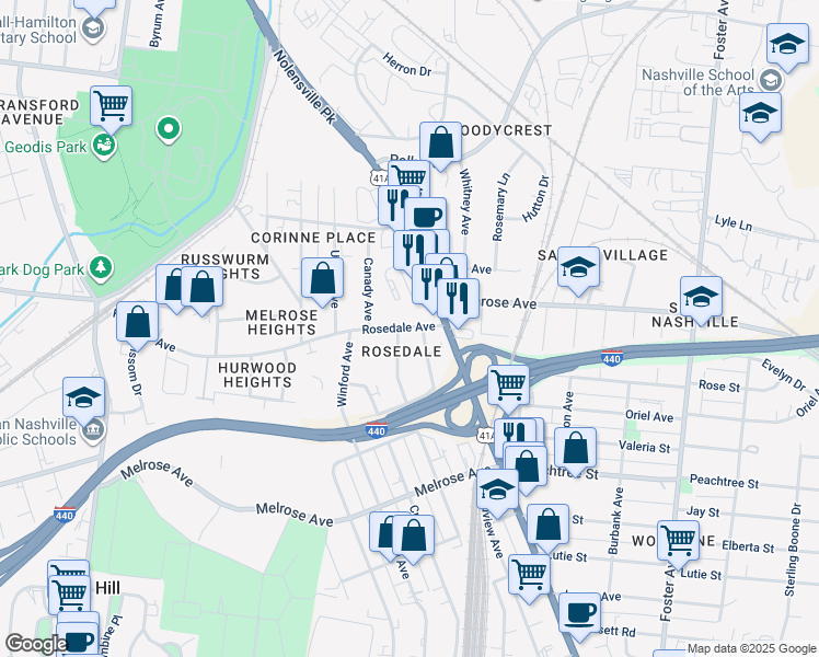 map of restaurants, bars, coffee shops, grocery stores, and more near 2205 Kline Avenue in Nashville