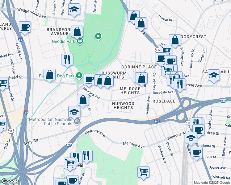 map of restaurants, bars, coffee shops, grocery stores, and more near 530 Rosedale Avenue in Nashville