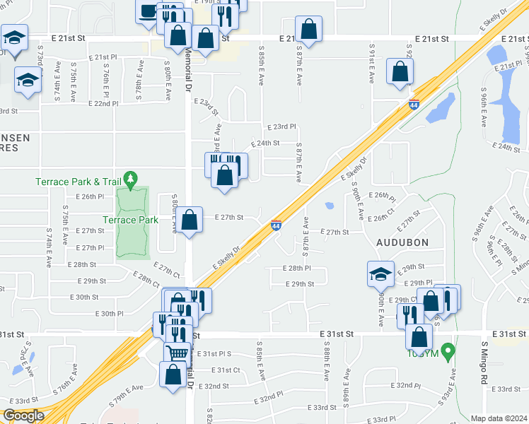 map of restaurants, bars, coffee shops, grocery stores, and more near 8054 East Skelly Drive in Tulsa