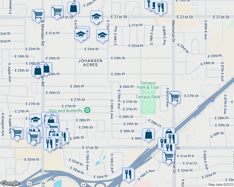 map of restaurants, bars, coffee shops, grocery stores, and more near 2645 South 74th East Avenue in Tulsa