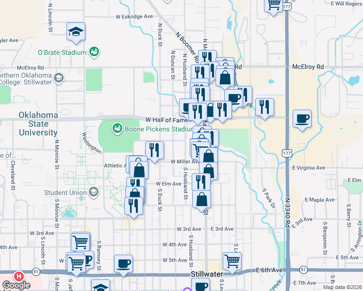 map of restaurants, bars, coffee shops, grocery stores, and more near 220 North Husband Street in Stillwater