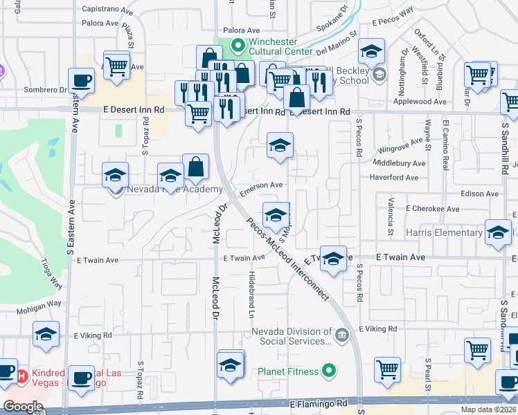 map of restaurants, bars, coffee shops, grocery stores, and more near 3126 Asoleado Circle in Las Vegas