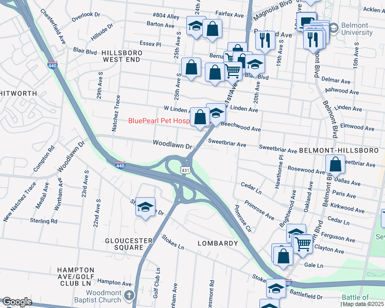 map of restaurants, bars, coffee shops, grocery stores, and more near 2106 Hillsboro Pike in Nashville
