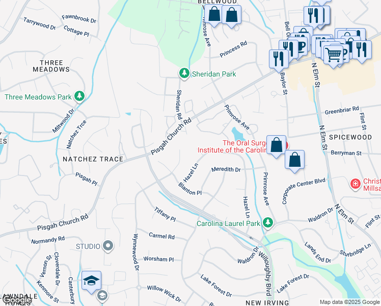 map of restaurants, bars, coffee shops, grocery stores, and more near 3 Aspen Court in Greensboro