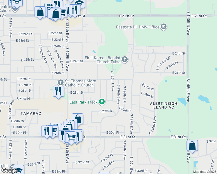 map of restaurants, bars, coffee shops, grocery stores, and more near 2721 South 134th East Avenue in Tulsa