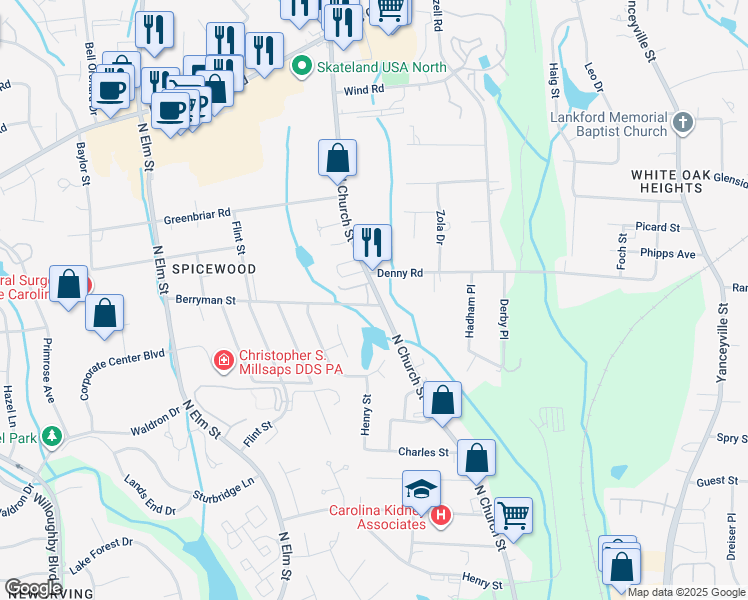 map of restaurants, bars, coffee shops, grocery stores, and more near 3433 North Church Street in Greensboro