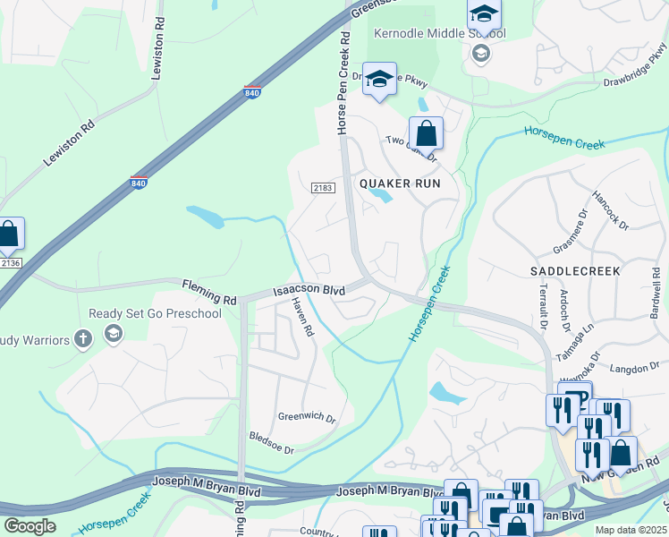 map of restaurants, bars, coffee shops, grocery stores, and more near 4706 Pine Hollow Lane in Greensboro