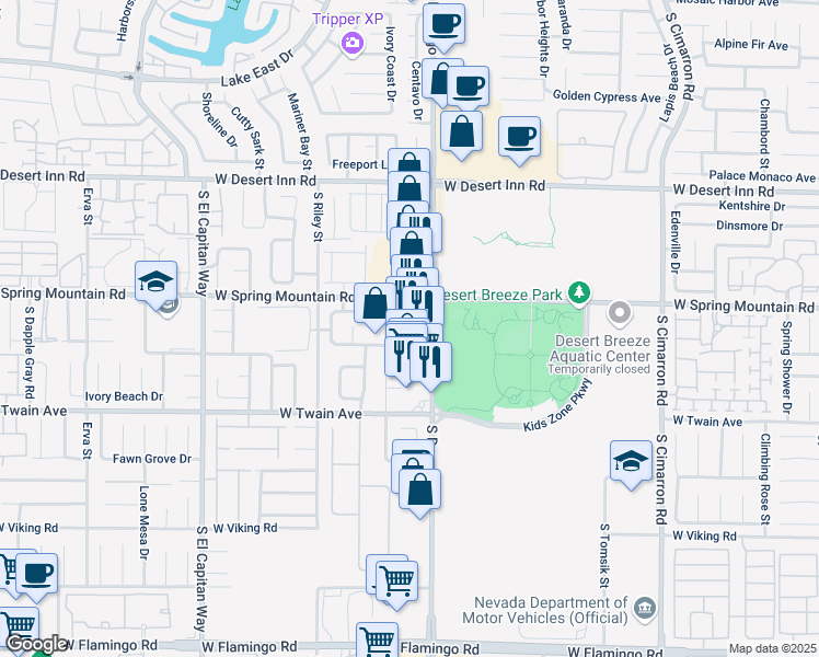 map of restaurants, bars, coffee shops, grocery stores, and more near 3595 South Durango Drive in Las Vegas