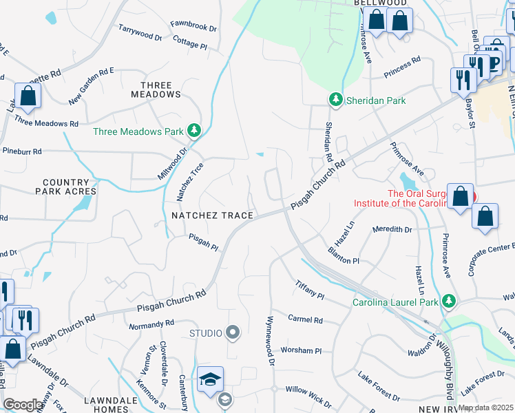 map of restaurants, bars, coffee shops, grocery stores, and more near 8 Waterline Drive in Greensboro