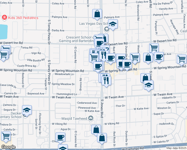 map of restaurants, bars, coffee shops, grocery stores, and more near 6210 Meadow Brook Lane in Las Vegas
