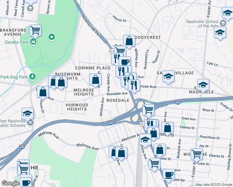map of restaurants, bars, coffee shops, grocery stores, and more near 2205 Kline Avenue in Nashville