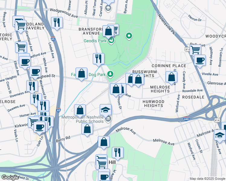 map of restaurants, bars, coffee shops, grocery stores, and more near 2509-2527 Bransford Ave in Nashville