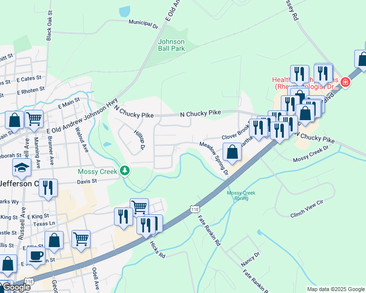 map of restaurants, bars, coffee shops, grocery stores, and more near 1615 Meadow Spring Drive in Jefferson City