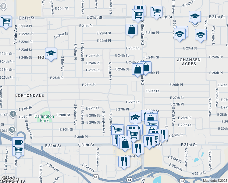 map of restaurants, bars, coffee shops, grocery stores, and more near 5917 East 26th Place in Tulsa