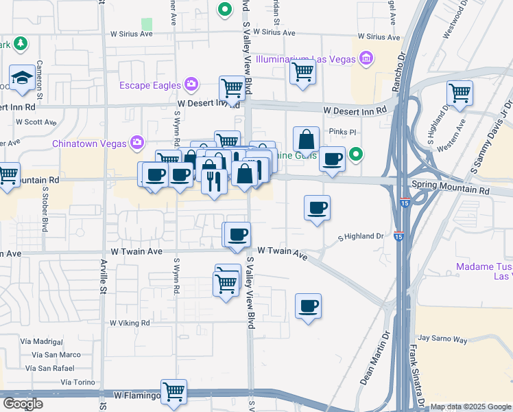 map of restaurants, bars, coffee shops, grocery stores, and more near 3612 South Valley View Boulevard in Las Vegas