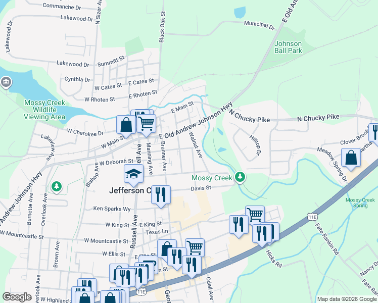 map of restaurants, bars, coffee shops, grocery stores, and more near 2112 Eastview Avenue in Jefferson City