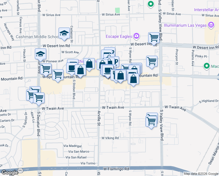 map of restaurants, bars, coffee shops, grocery stores, and more near 4310 Sanderling Circle in Las Vegas
