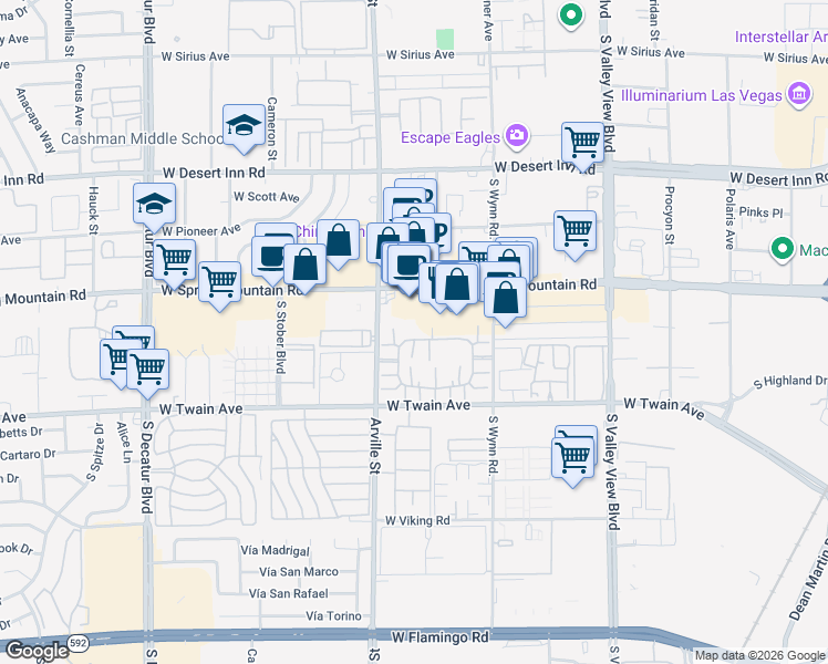 map of restaurants, bars, coffee shops, grocery stores, and more near 4310 Sanderling Circle in Las Vegas