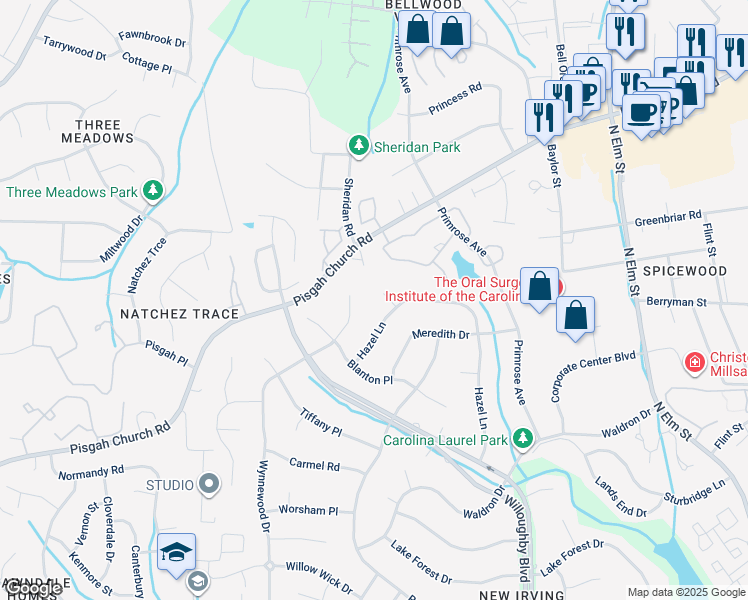 map of restaurants, bars, coffee shops, grocery stores, and more near 3 Aspen Court in Greensboro