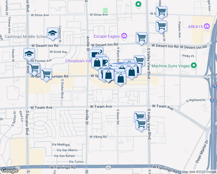 map of restaurants, bars, coffee shops, grocery stores, and more near 4151 Sanderling Circle in Las Vegas