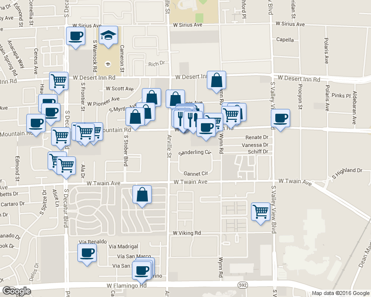 map of restaurants, bars, coffee shops, grocery stores, and more near 4370 Sanderling Circle in Las Vegas