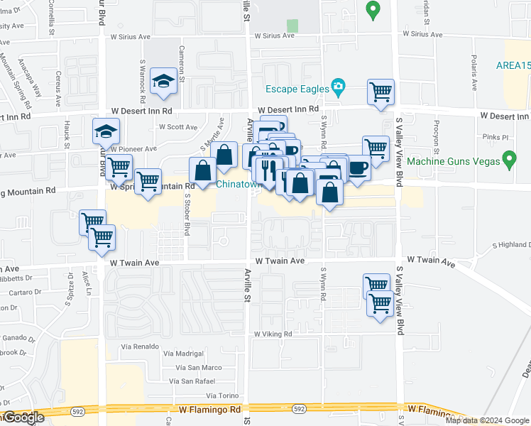 map of restaurants, bars, coffee shops, grocery stores, and more near 4370 Sanderling Circle in Las Vegas