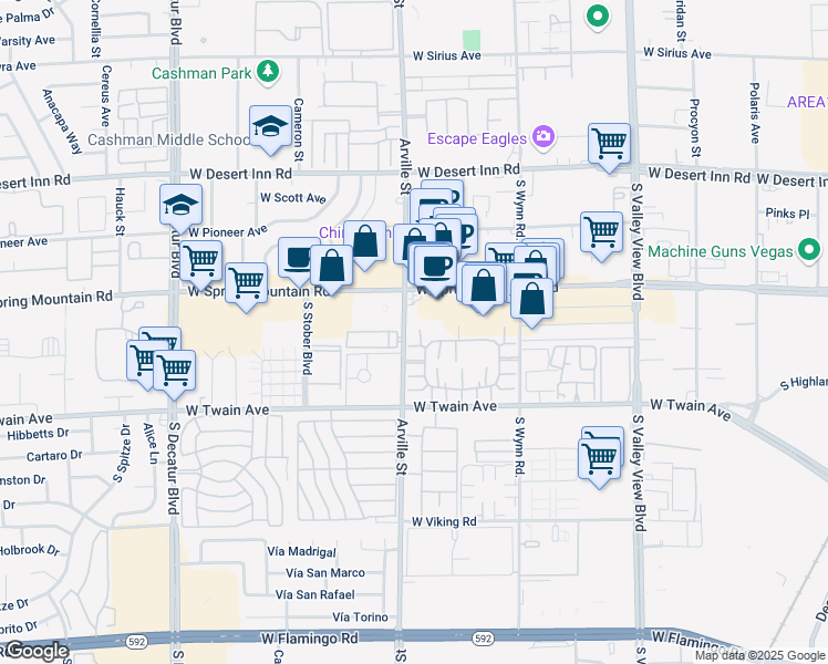 map of restaurants, bars, coffee shops, grocery stores, and more near 4370 Sanderling Circle in Las Vegas