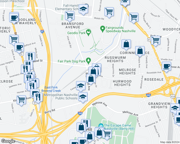 map of restaurants, bars, coffee shops, grocery stores, and more near 2509-2527 Bransford Ave in Nashville