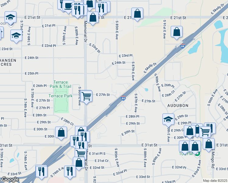map of restaurants, bars, coffee shops, grocery stores, and more near 8201 East Skelly Drive in Tulsa