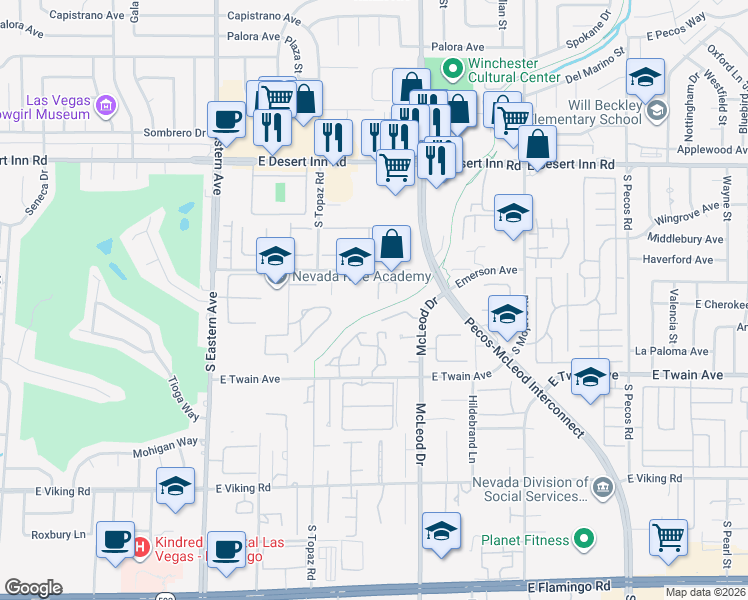 map of restaurants, bars, coffee shops, grocery stores, and more near 3575 Shelome Court in Las Vegas