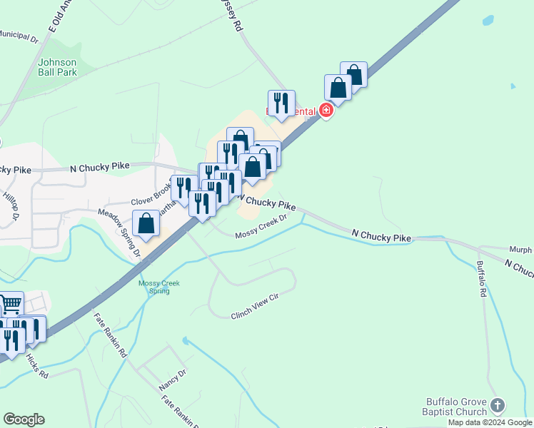 map of restaurants, bars, coffee shops, grocery stores, and more near 129 Mossy Creek Drive in Jefferson City