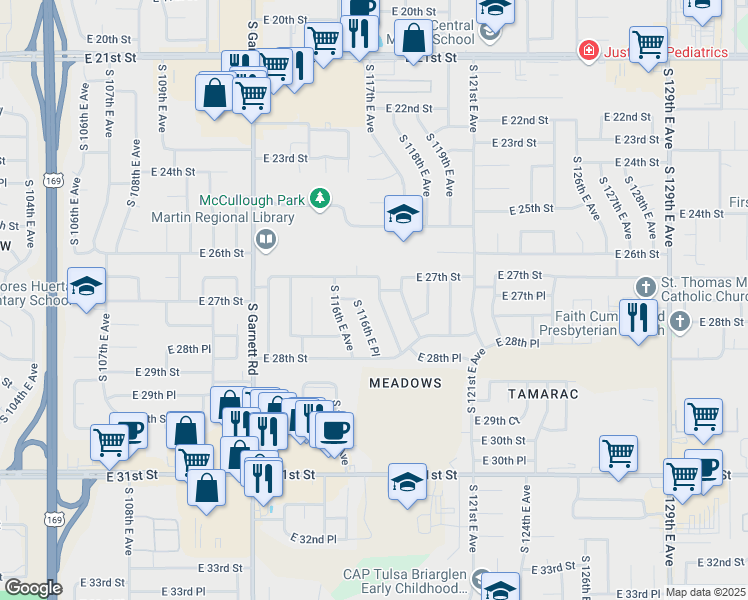 map of restaurants, bars, coffee shops, grocery stores, and more near 2724 South 117th East Avenue in Tulsa