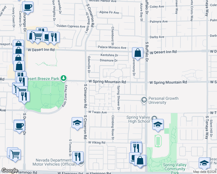 map of restaurants, bars, coffee shops, grocery stores, and more near Arcadian Lane in Spring Valley