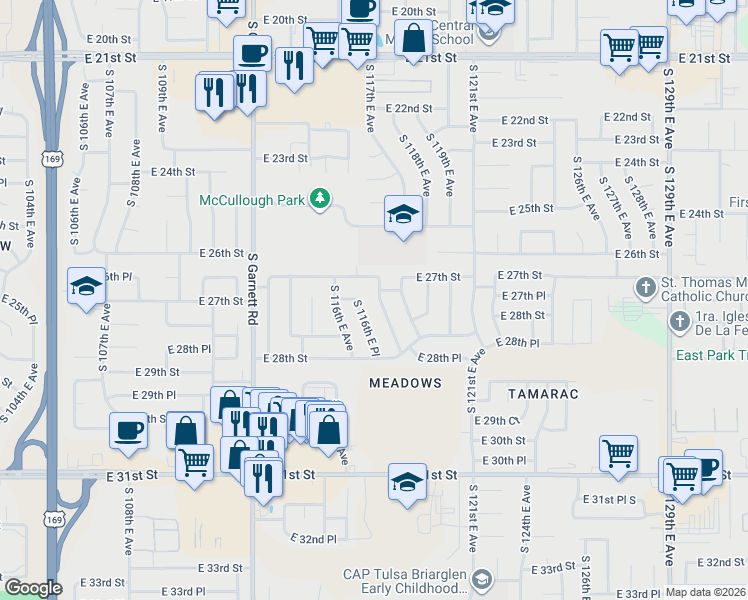 map of restaurants, bars, coffee shops, grocery stores, and more near 2724 South 117th East Avenue in Tulsa