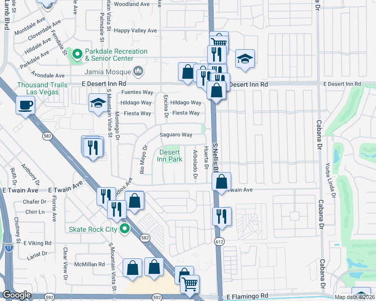 map of restaurants, bars, coffee shops, grocery stores, and more near 3586 Becerro Drive in Las Vegas