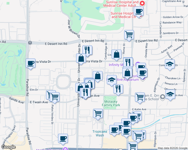 map of restaurants, bars, coffee shops, grocery stores, and more near 3535 Cambridge Street in Las Vegas