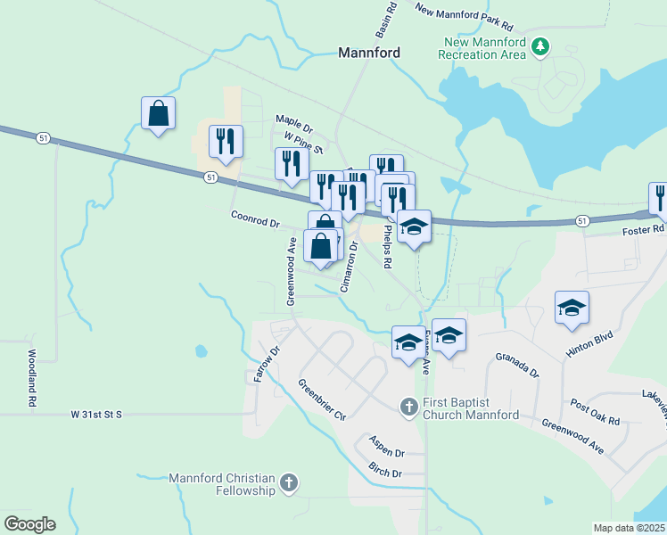map of restaurants, bars, coffee shops, grocery stores, and more near 410 Cimarron Drive in Mannford