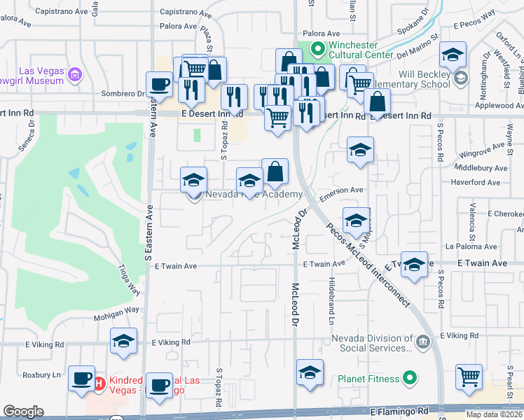 map of restaurants, bars, coffee shops, grocery stores, and more near 3575 Shelome Court in Las Vegas