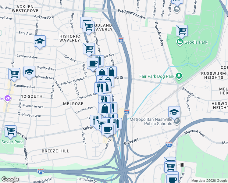 map of restaurants, bars, coffee shops, grocery stores, and more near 2610 Westwood Drive in Nashville