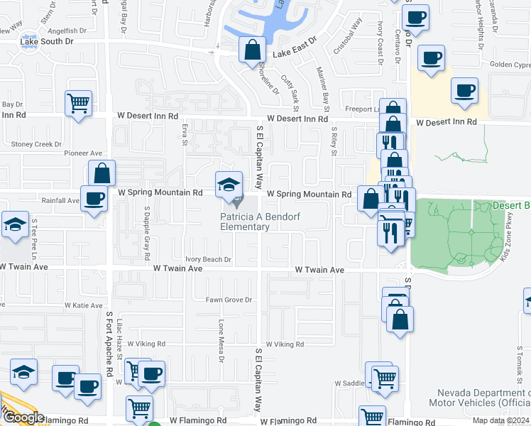 map of restaurants, bars, coffee shops, grocery stores, and more near 8980 Via Vista Circle in Las Vegas