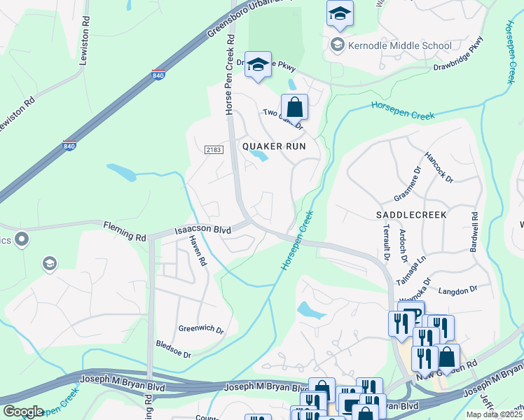 map of restaurants, bars, coffee shops, grocery stores, and more near 2788 Horse Pen Creek Road in Greensboro