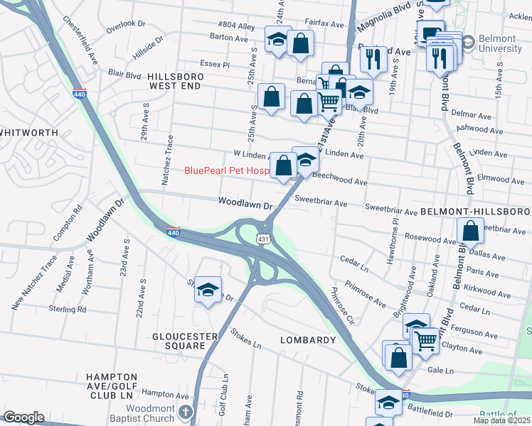 map of restaurants, bars, coffee shops, grocery stores, and more near 2601 Hillsboro Pike in Nashville