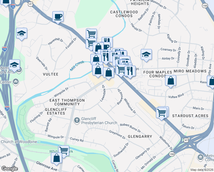 map of restaurants, bars, coffee shops, grocery stores, and more near 308 E Thompson Ln in Nashville