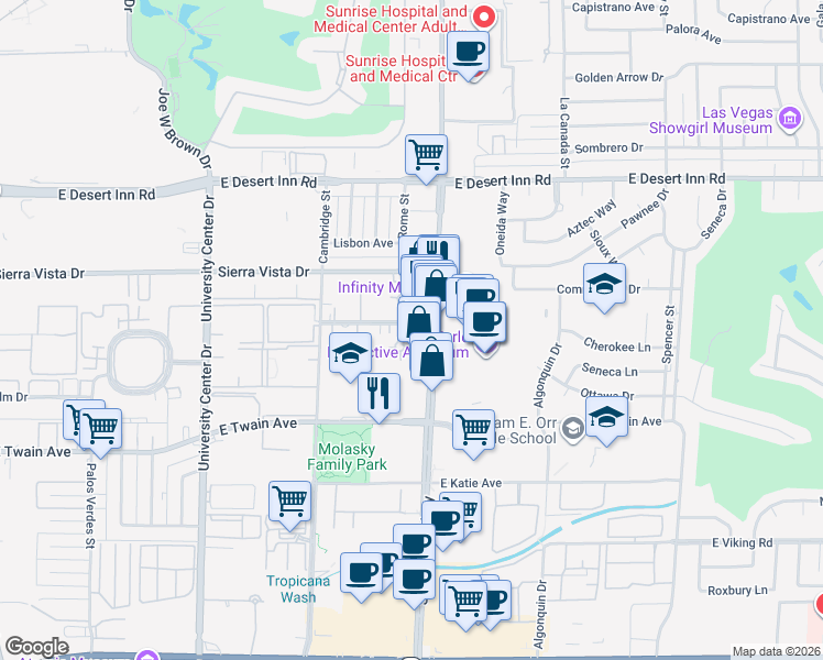 map of restaurants, bars, coffee shops, grocery stores, and more near 3501 South Maryland Parkway in Las Vegas